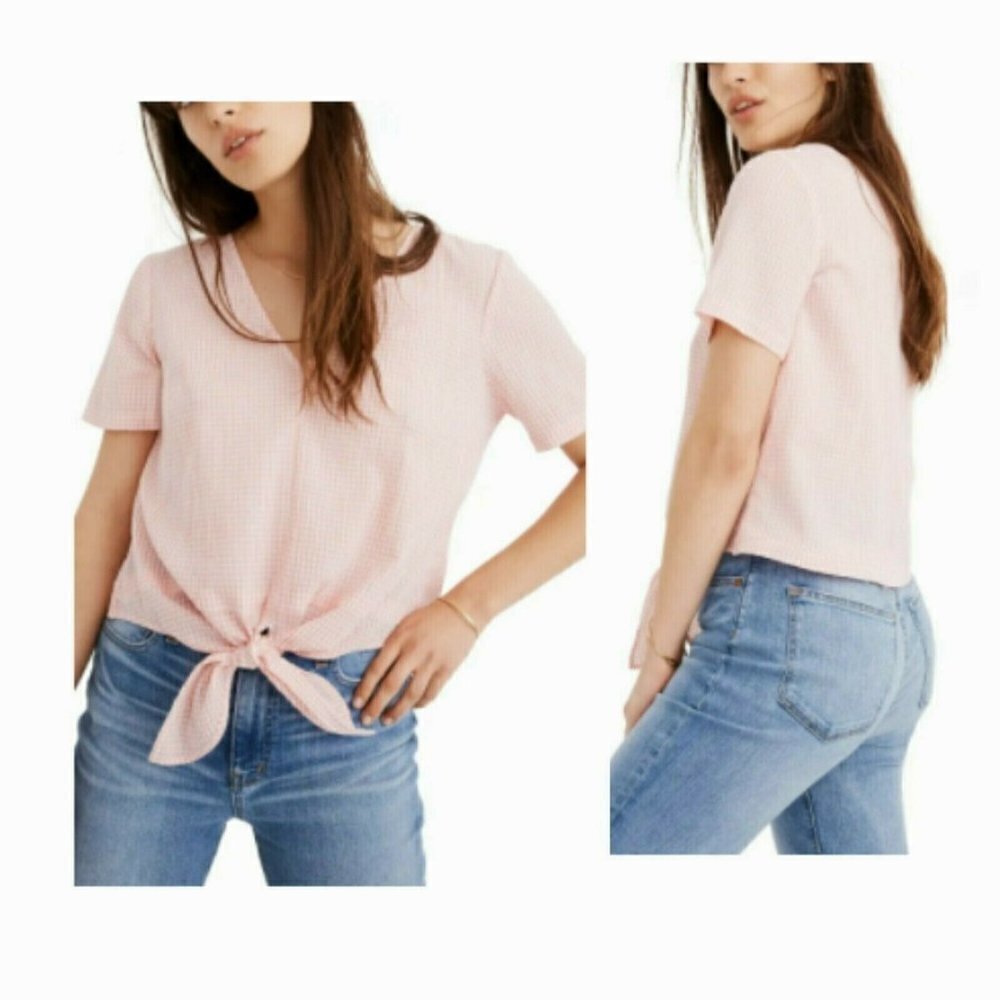New MADEWELL Novel Tie Front Top Gingham Check Tie Pink White Light Blossom L